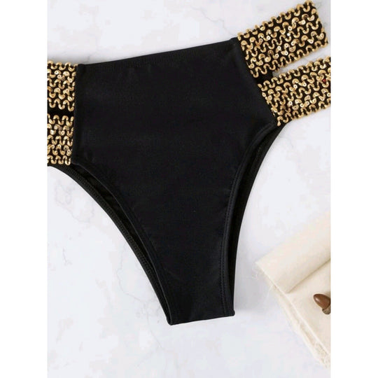 Damen Bandeau-Bikini mit goldenen Akzenten und hohem Taillenschnitt EB