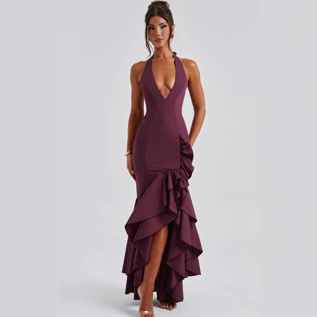 Damen Hochgeschlossenes Maxikleid mit Rüschen und tiefem V-Ausschnitt EB