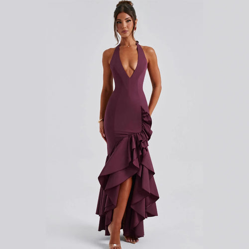 Damen Hochgeschlossenes Maxikleid mit Rüschen und tiefem V-Ausschnitt EB