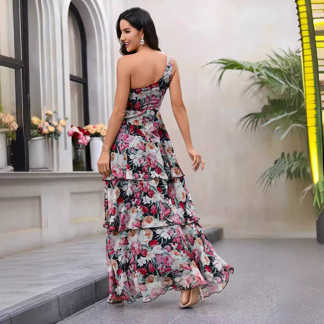Damen Elegantes One-Shoulder Maxikleid mit floralem Muster und hohem Schlitz EB