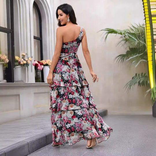 Damen Elegantes One-Shoulder Maxikleid mit floralem Muster und hohem Schlitz EB