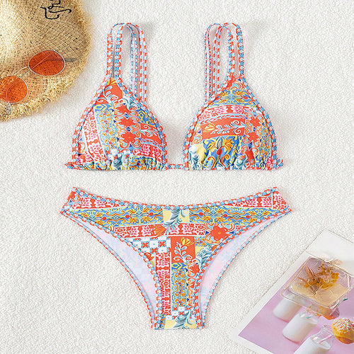 Damen Triangel-Bikini-Set mit eleganten Mustern und verstellbaren Trägern EB