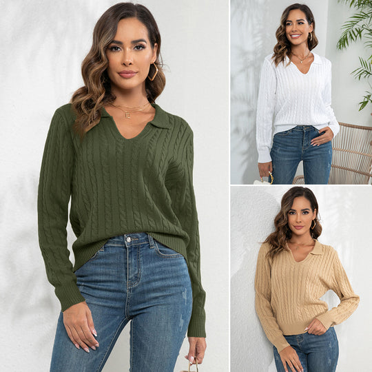 Damen Strickpullover mit V-Ausschnitt und Zopfmuster EB