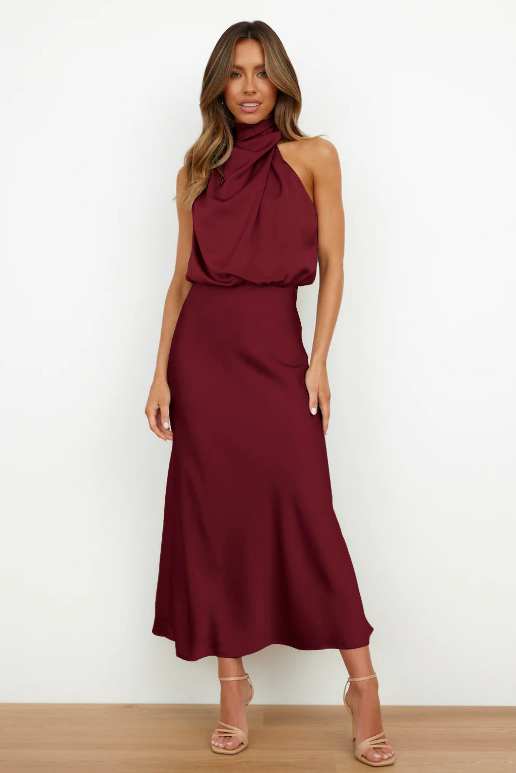 Damen Elegantes Maxikleid mit asymmetrischem Kragen und fließendem Schnitt EB