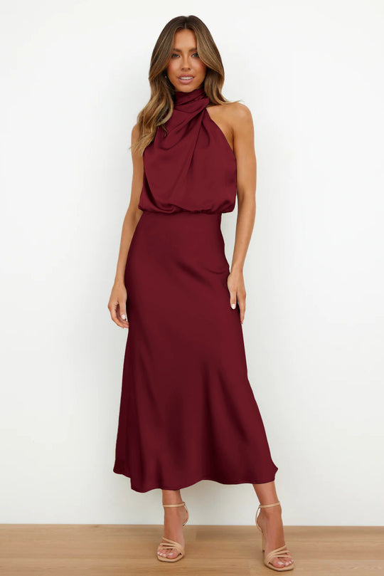 Damen Elegantes Maxikleid mit asymmetrischem Kragen und fließendem Schnitt EB