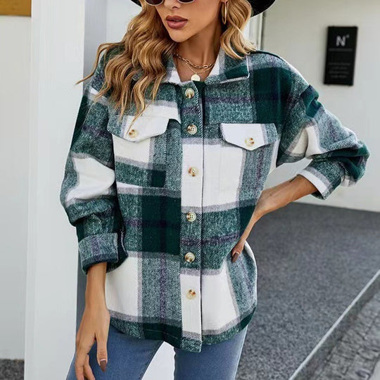 Damen Karierte Flanelljacke mit Knopfleiste und Taschen EB