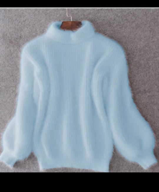 Damen Flauscher Rollkragenpullover mit Puffärmeln und strukturiertem Design EB