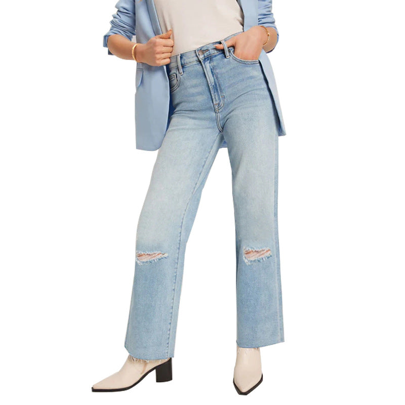 Damen High-Waist Jeans mit fransigem Saum und modischen Rissdetails EB