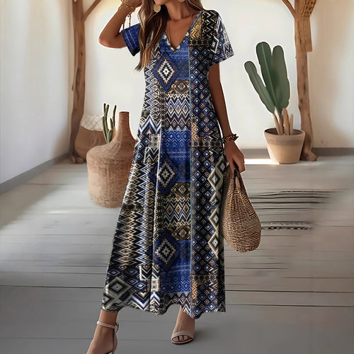 Damen Maxikleid mit geometrischem Muster und V-Ausschnitt EB