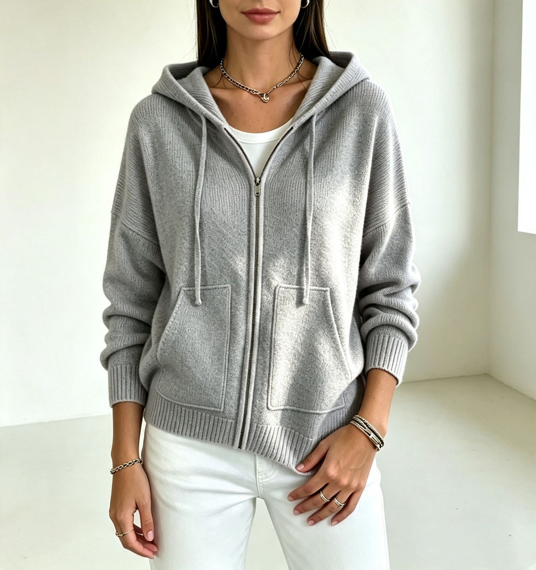 Damen Kapuzen-Wollmix Zip-Cardigan mit kastiger Passform und Kängurutaschen EB