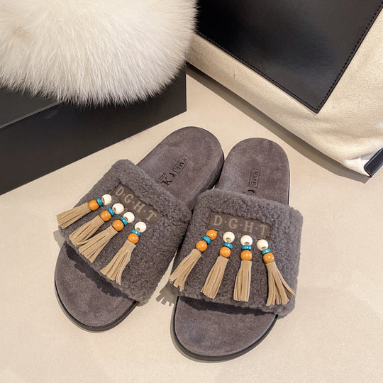 Damen Flauschige Pantoletten mit Boho-Design und Fransen EB