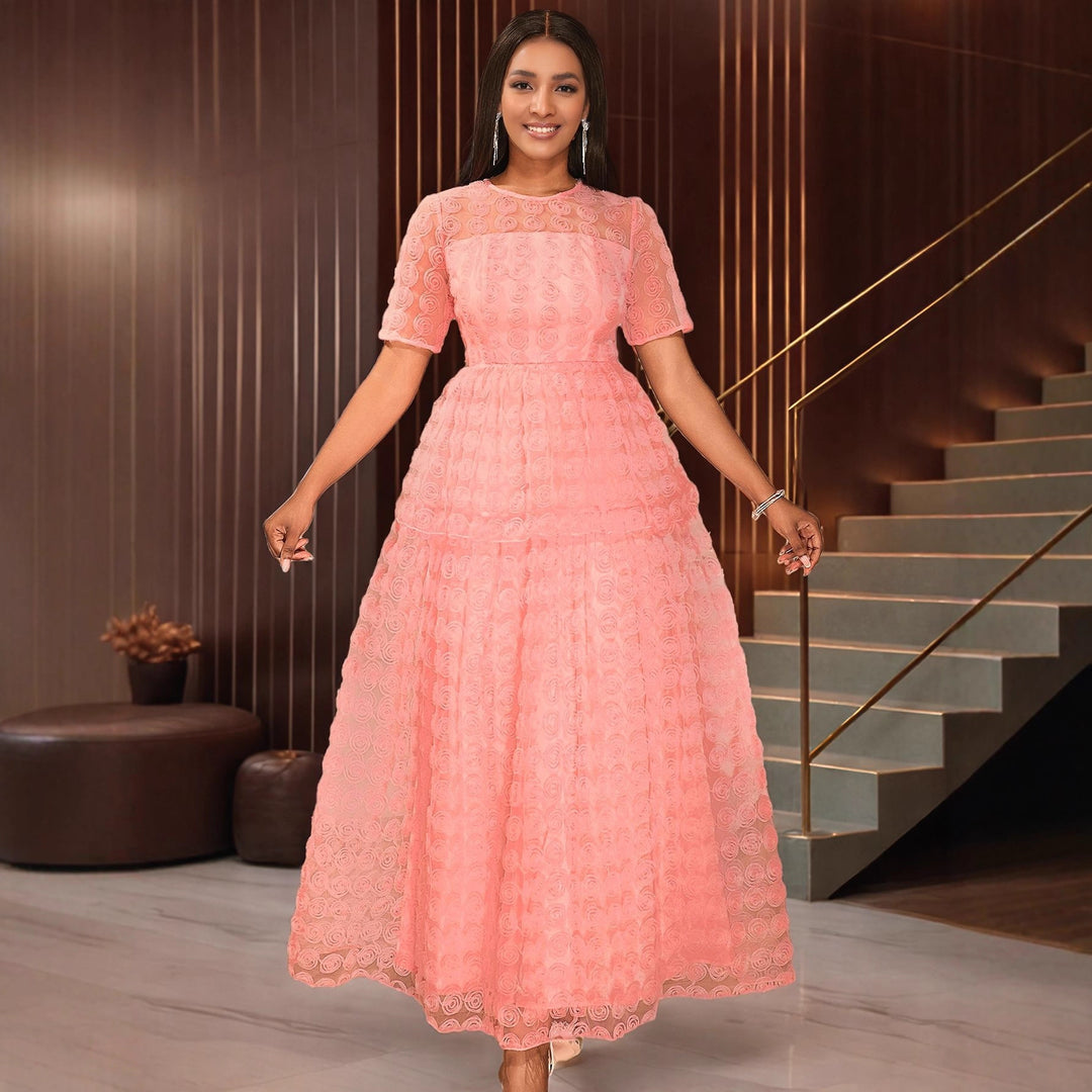 Damen Maxikleid mit verspieltem Rosendesign und elegantem Spitzenoberteil EB