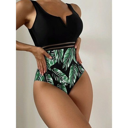 Damen Hochtaillierter Badeanzug mit V-Ausschnitt und Mesh-Details EB