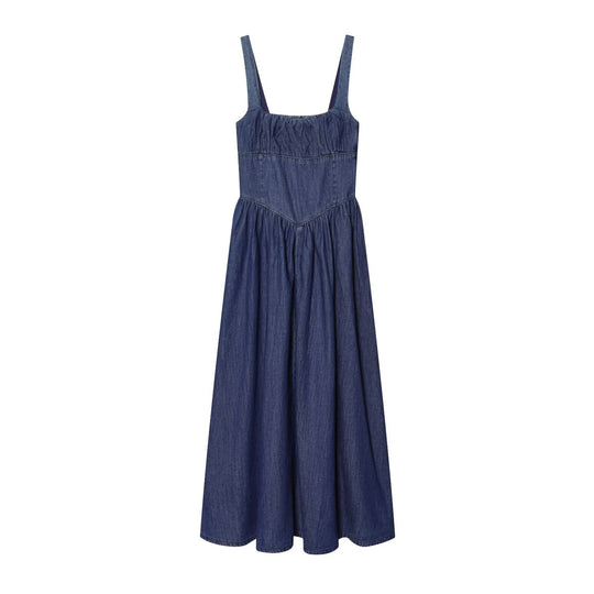 Damen Denim Maxikleid mit schwingendem Rock und verstellbaren Trägern EB