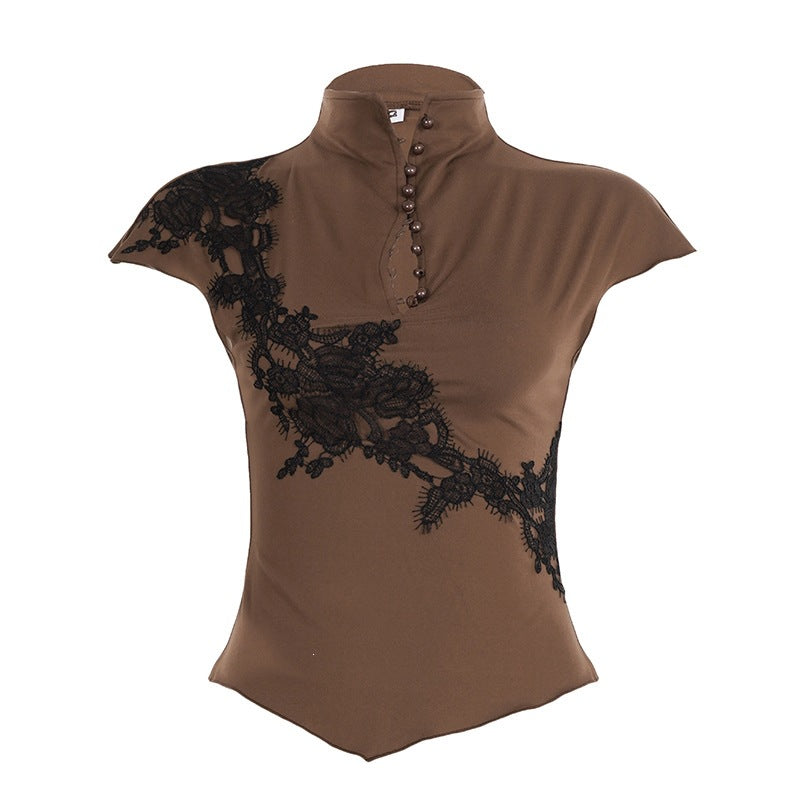 Damen Elegantes Spitzenoberteil mit modischen Knopfdetails EB