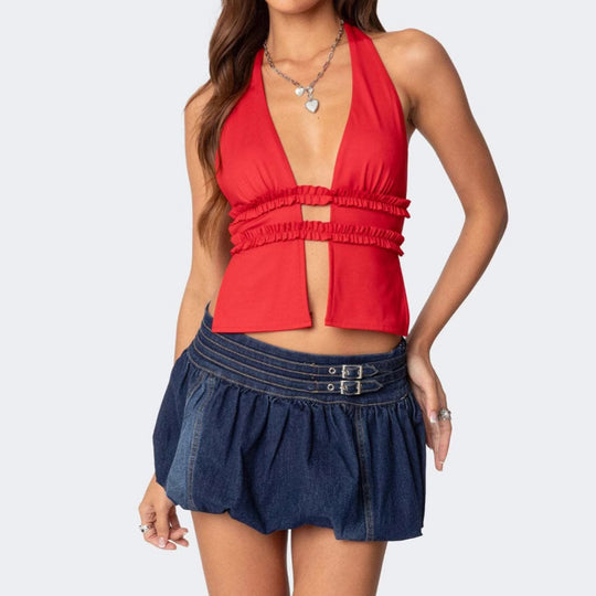 Damen Cropped Top mit halterlosem Ausschnitt und Rüschendetails EB