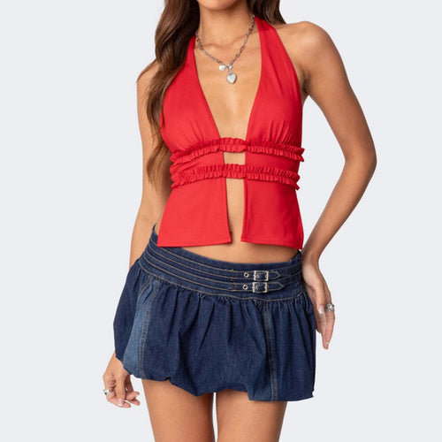 Damen Cropped Top mit halterlosem Ausschnitt und Rüschendetails EB