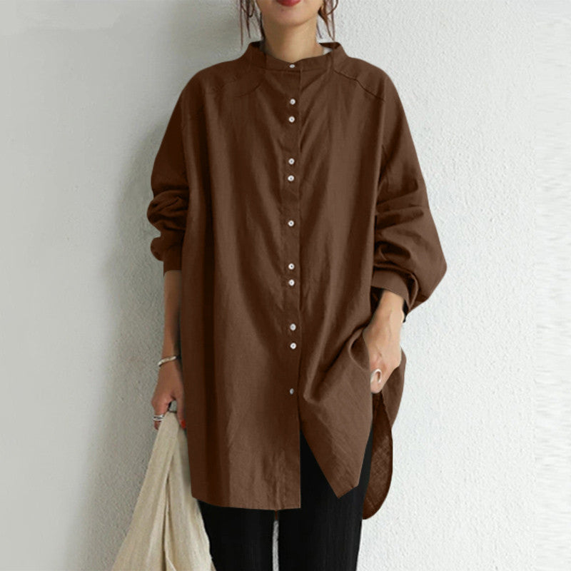 Damen nan lässige Oversize-Tunika-Hemdbluse mit Stehkragen, durchgehender Knopfleiste und seitlichen Schlitzen EB