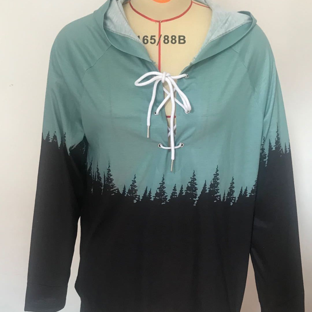 Damen Kapuzenpullover mit Waldprint, Schnürdetail und Raglanärmeln EB