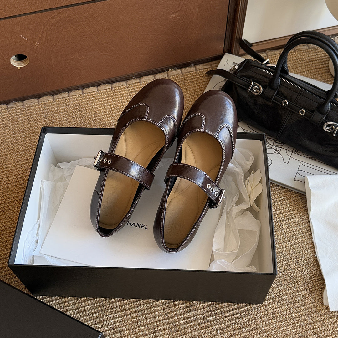 Damen Mary Jane Ballerinas mit dekorativem Riemchen und hochwertiger Leder-Oberfläche EB