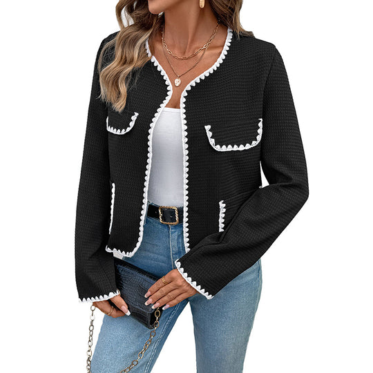 Damen Boxy-Jacke im Bouclé‑Textur mit Zierhäkelkanten und aufgesetzten Taschen EB