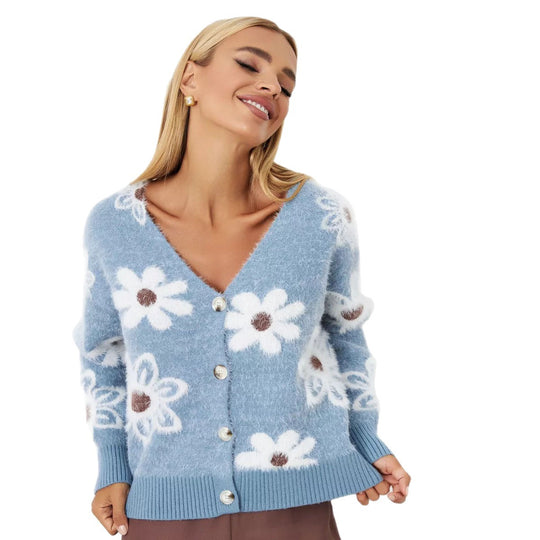Damen Modische Strickjacke mit Blumenmuster EB