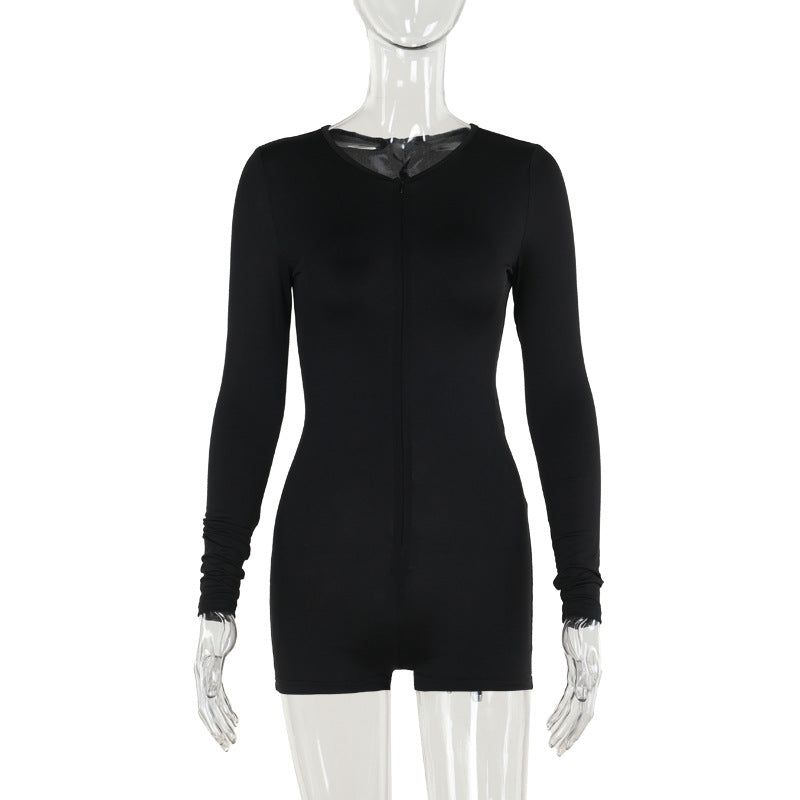 Damen Figurbetonter Langarm-Bodyplaysuit mit Frontreißverschluss und kurzer Shorts-Silhouette EB