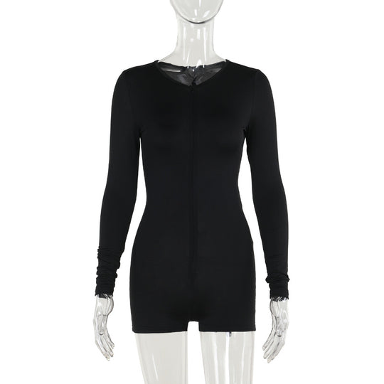 Damen Figurbetonter Langarm-Bodyplaysuit mit Frontreißverschluss und kurzer Shorts-Silhouette EB