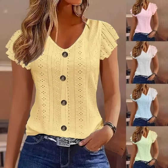 Damen luftige Bluse mit filigranem Lochmuster und Knopfdetails EB