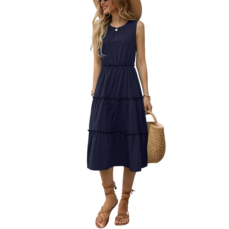 Damen Maxi-Kleid mit Rüschendetails und elastischem Taillenbund EB