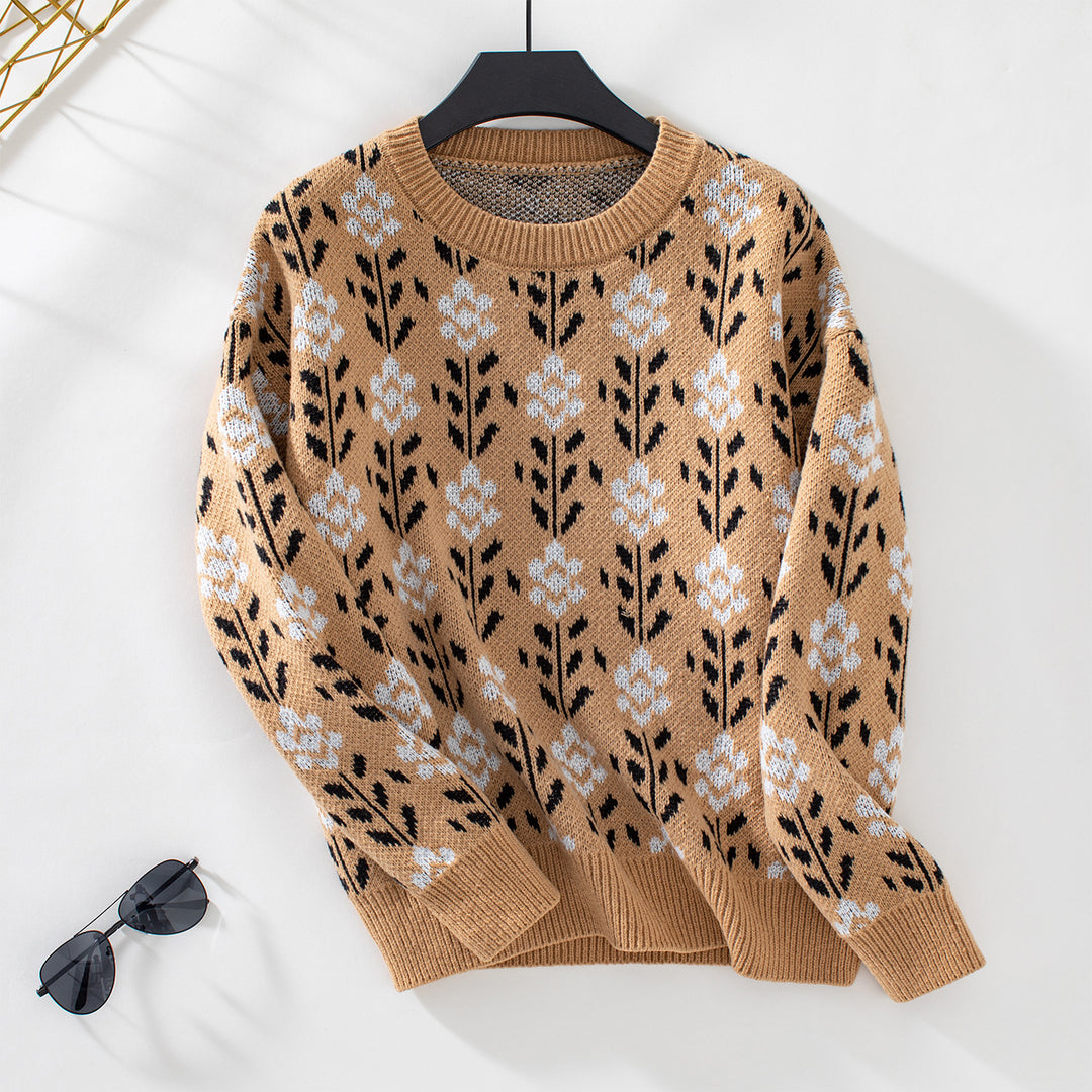 Damen lässiger Pullover mit floralem Muster und Rundhalsausschnitt EB