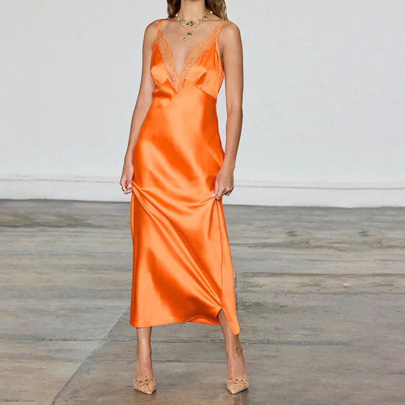Damen Elegantes Satin-Maxikleid mit transparenter Spitze EB