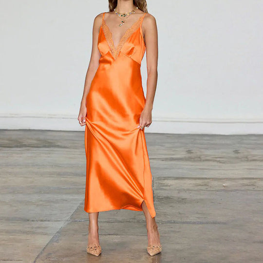 Damen Elegantes Satin-Maxikleid mit transparenter Spitze EB