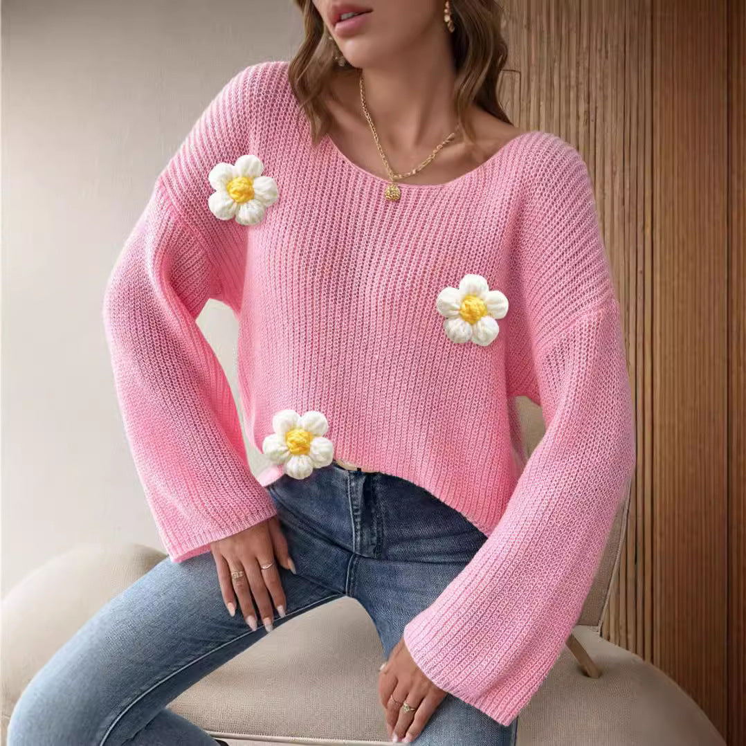Damen Strickpullover mit verspielten Blumenapplikationen EB