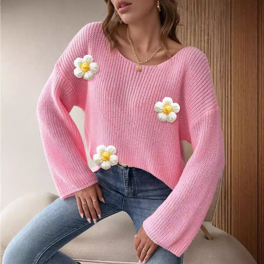 Damen Strickpullover mit verspielten Blumenapplikationen EB