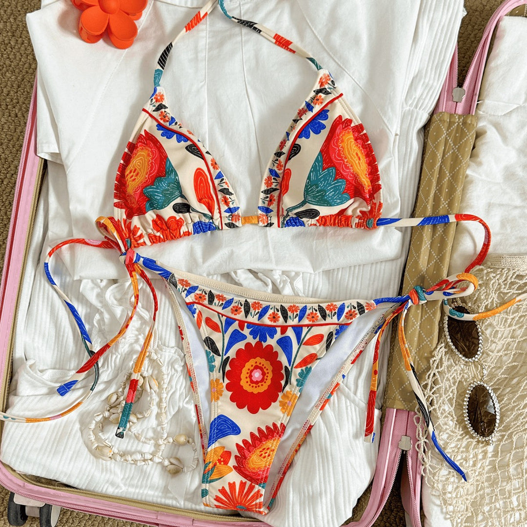 Damen Triangel-Bikini mit floralen Mustern und hochwertigen Bindebändern EB
