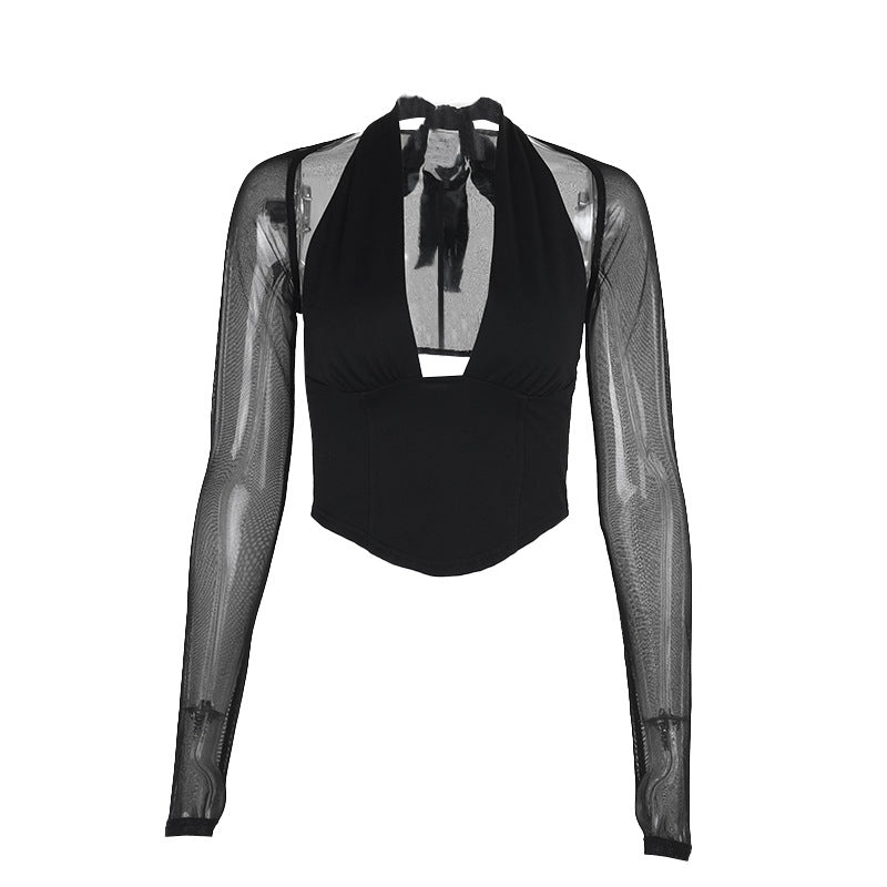 Damen Cropped-Top mit transparenten Ärmeln und tiefem V-Ausschnitt EB