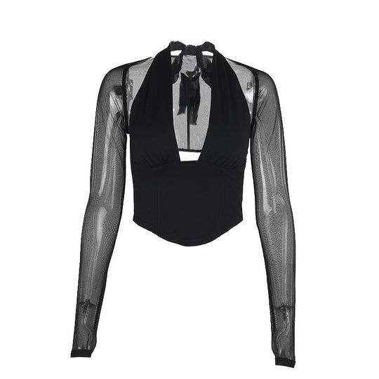 Damen Cropped-Top mit transparenten Ärmeln und tiefem V-Ausschnitt EB