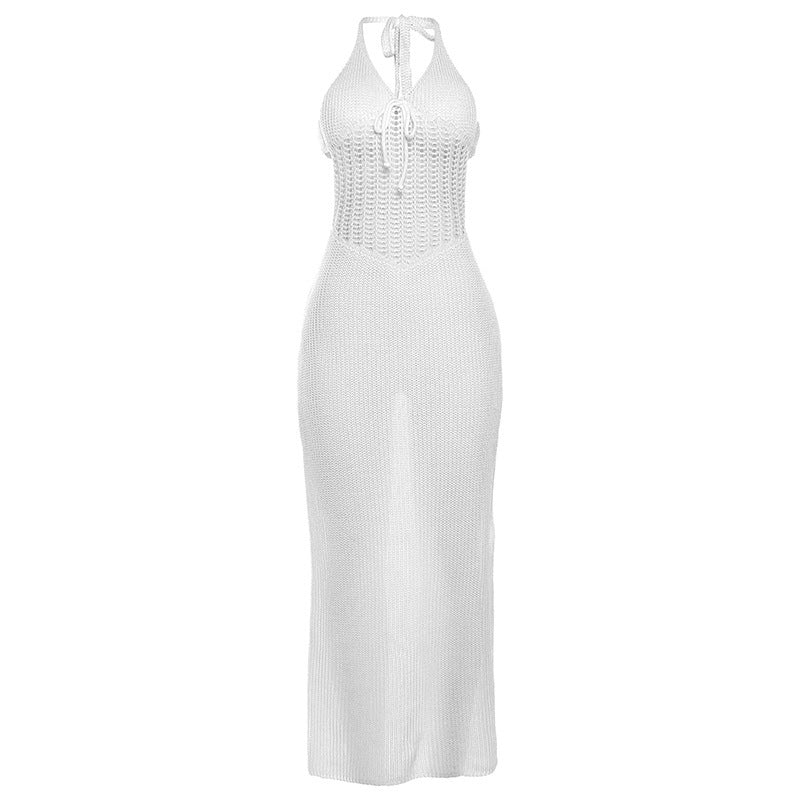 Damen Strickmaxikleid mit offenen Seiten und Neckholder-Design EB