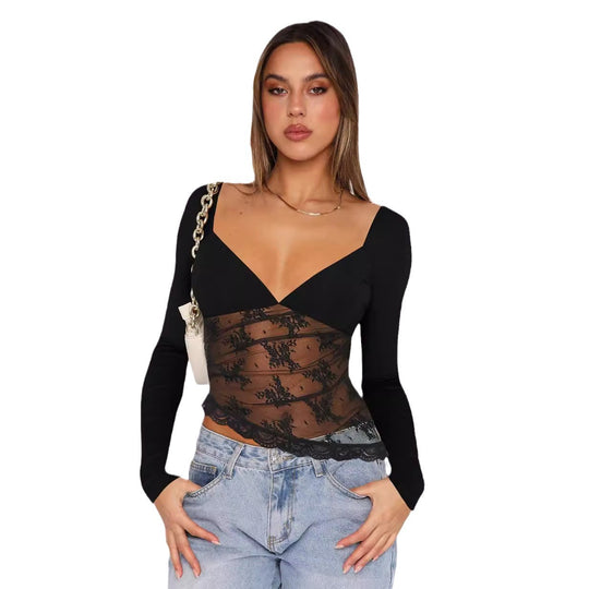 Damen Spitzenbluse mit tiefem V-Ausschnitt und langärmligem Design EB