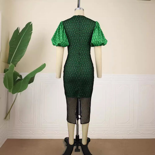 Damen figurbetontes Netzkleid mit Puffärmeln EB