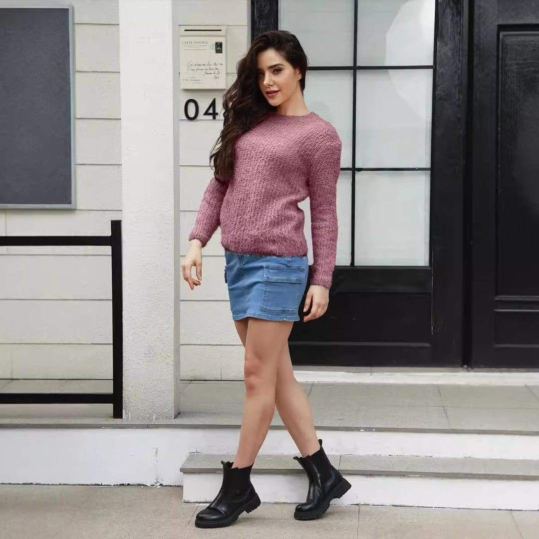 Damen weicher Strickpullover mit lässigem Schnitt und strukturiertem Material EB