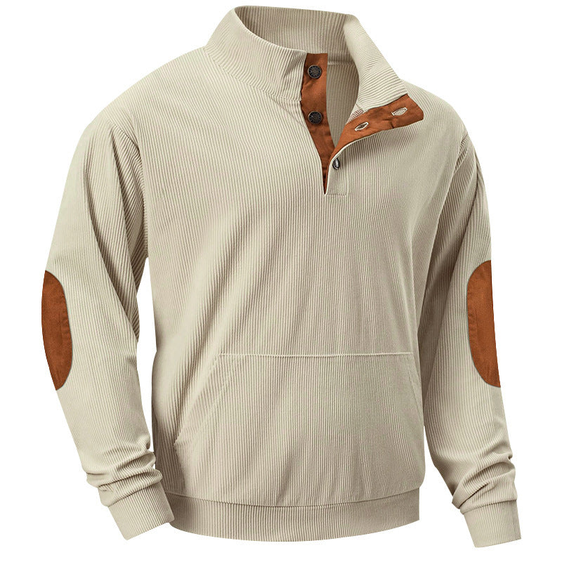 Herren Strukturiertes Ripp-Henley-Sweatshirt mit Stehkragen, Kängurutasche & Velours-Ellbogenpatches EB