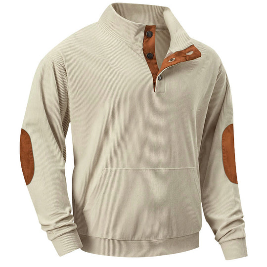 Herren Strukturiertes Ripp-Henley-Sweatshirt mit Stehkragen, Kängurutasche & Velours-Ellbogenpatches EB