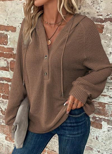 Damen lässiger Kapuzenpullover mit Knopfdetails und strukturiertem Gewebe EB