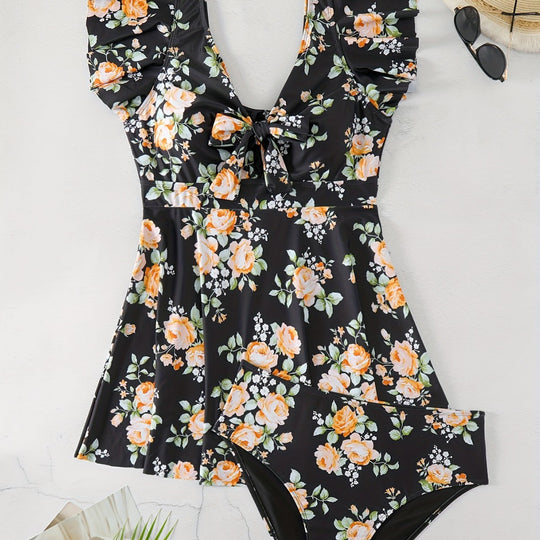 Damen Einteiler Badeanzug mit Rüschendetails und floralem Design EB
