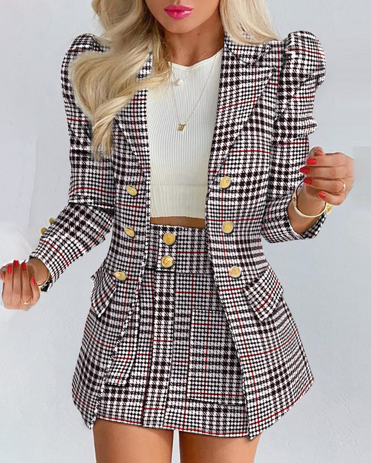 Damen Zweiteiliges karriertes Blazer- und Minirock-Set mit betonten Puffärmeln und goldenen Knöpfen EB