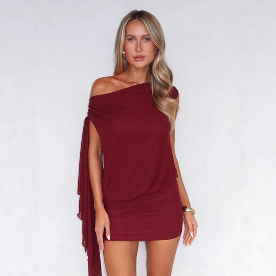 Damen elegantes One-Shoulder Kleid mit fließendem Material EB