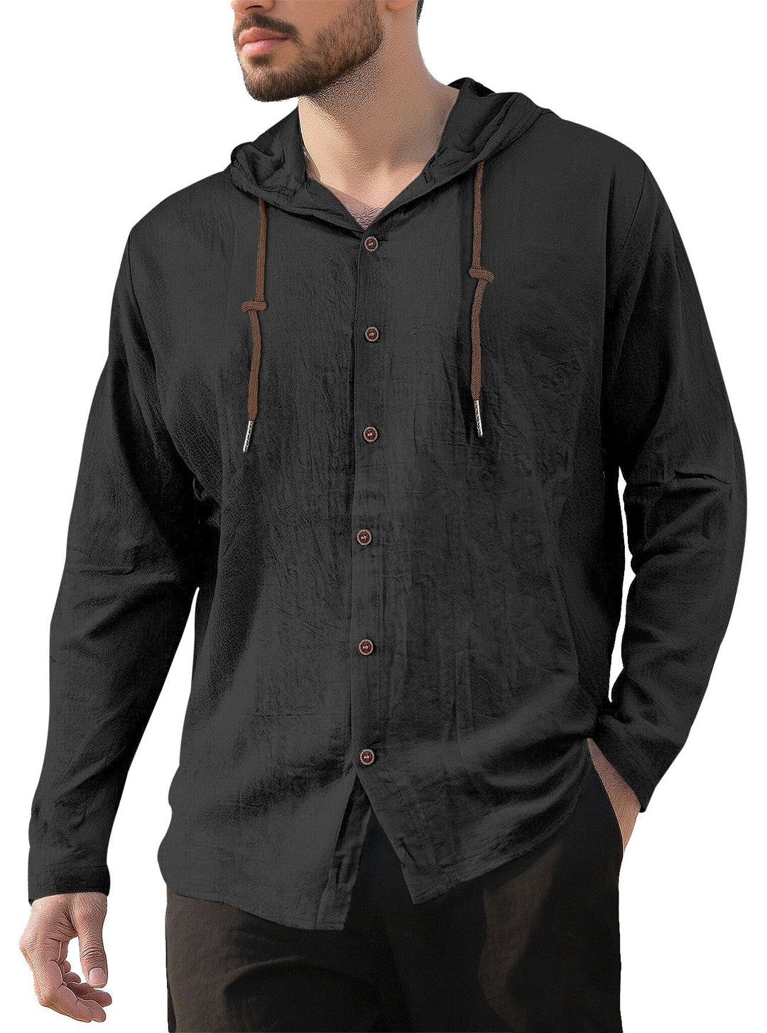 Herren nan Kapuzenhemd im Leinen-Look mit durchgehender Knopfleiste und Kordelzug EB