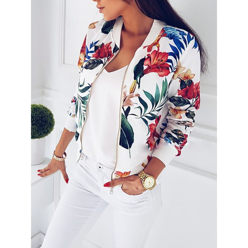 Damen Leichte Bomberjacke mit floralem Allover‑Print, Reißverschluss und Rippbündchen EB